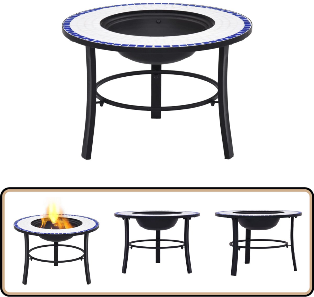 Keramische vuurschaal met mozaïekpatroon in blauw en wit, ideaal voor tuinverwarming en BBQ.