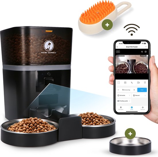 Prime AnimalZ Automatische Voerbak dubbel met stoomborstel voor kat en hond - Voerautomaat Dispenser - voerbak kat Dubbel en Enkel - met Camera - Full HD 1080P Camera met night vision - Two-way Audio - 4L- Zwart