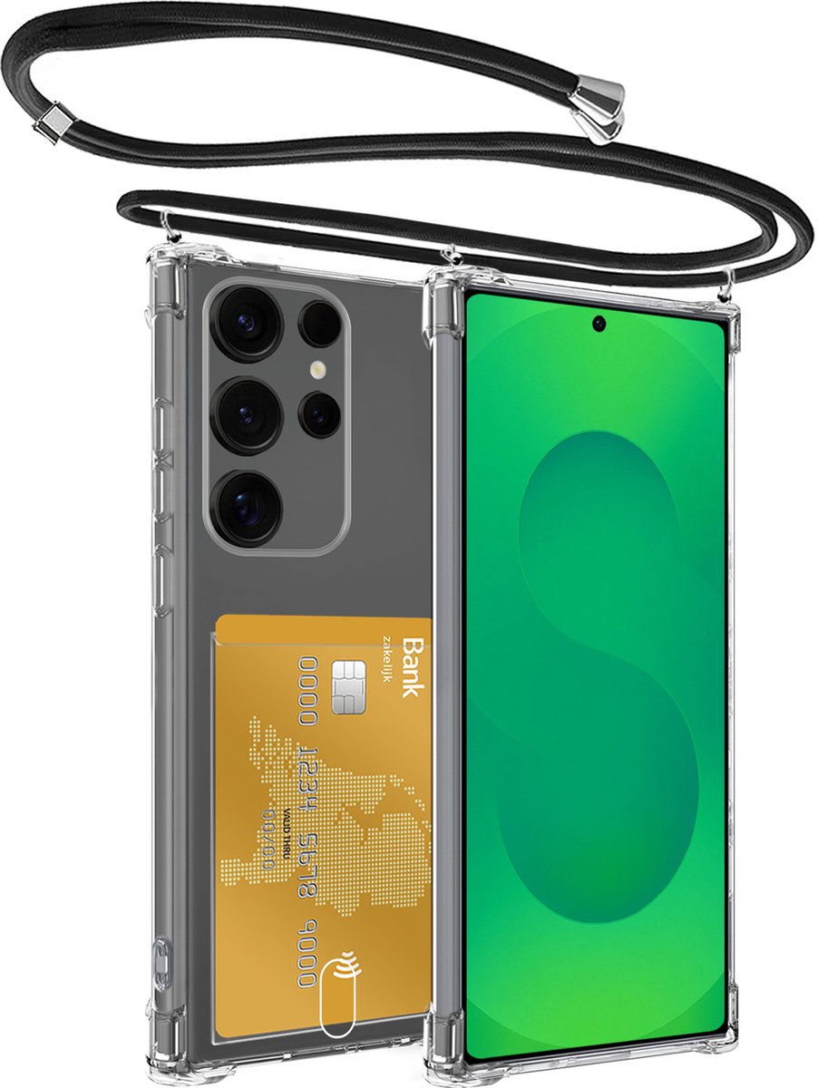 Hoes Geschikt voor Samsung S25 Ultra Hoesje Pas Houder Shock Proof Case Hoes Met Koord - Hoesje Geschikt voor Samsung Galaxy S25 Ultra Hoes Met Telefoonkoord Pasjeshouder Cover - Transparant