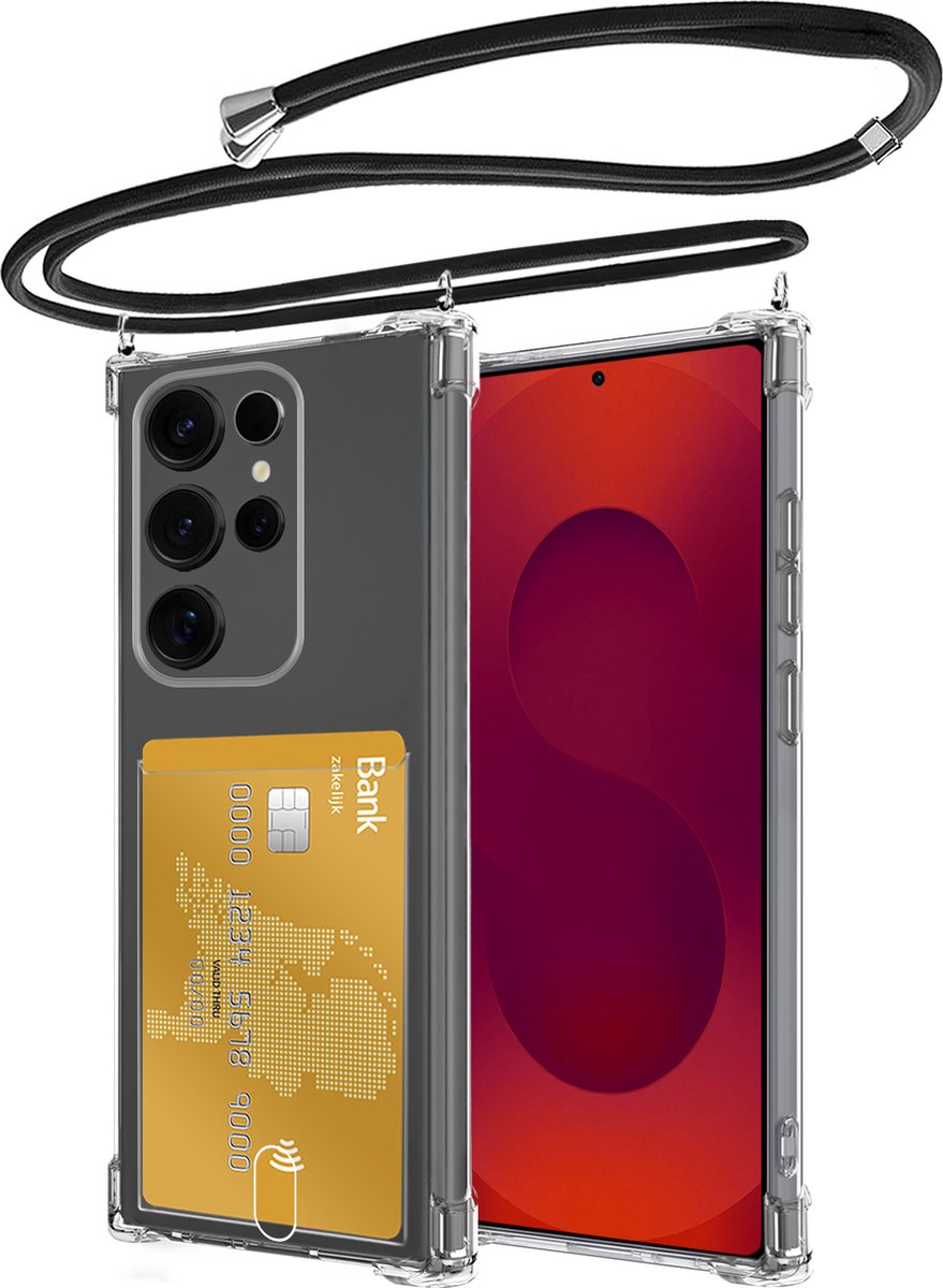 Hoes Geschikt voor Samsung S25 Ultra Hoesje Pasjeshouder Cover Met Koord Shock Proof Case Siliconen Hoes Met Telefoonkoord en Kaarthouder - Transparant