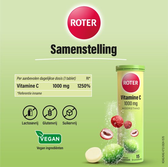 Roter Vitamine C 1000 mg bruis - Ondersteunt je natuurlijke weerstand - Suikervrij - Vegan - Met lekkere frisse limoen-lycheesmaak - 15 bruistabletten