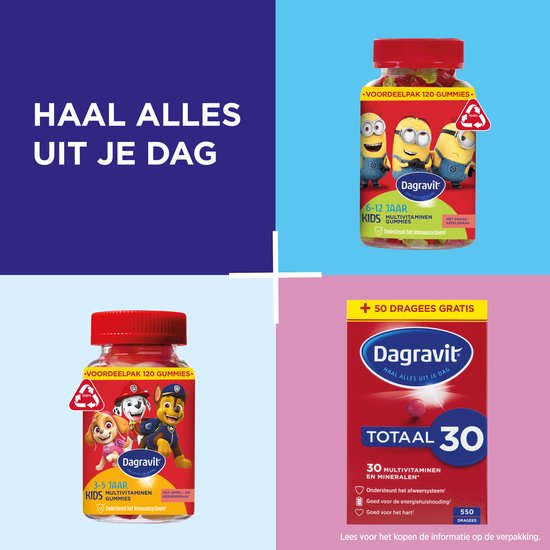 Collage met Dagravit producten, inclusief potten met Minions en Paw Patrol, en een doos.