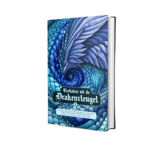 Boekomslag met een blauwe drakenvleugel en schubben. 'Verhalen uit de Drakenvleugel 2'.