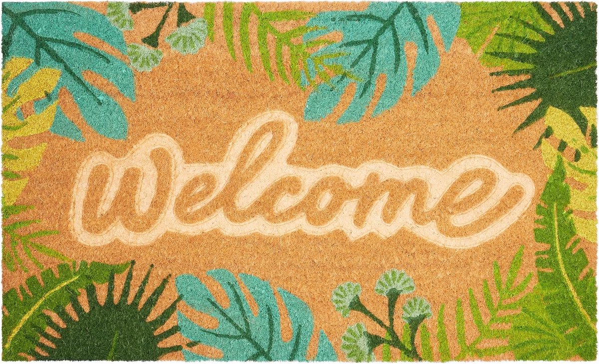 BRUBAKER 3D-deurmat voor buiten en binnen, welcome met groene bladeren, 45 x 75 cm, vuilvangmat van 100% kokos, weerbestendig en antislip, antislip deurmat met bladdesign