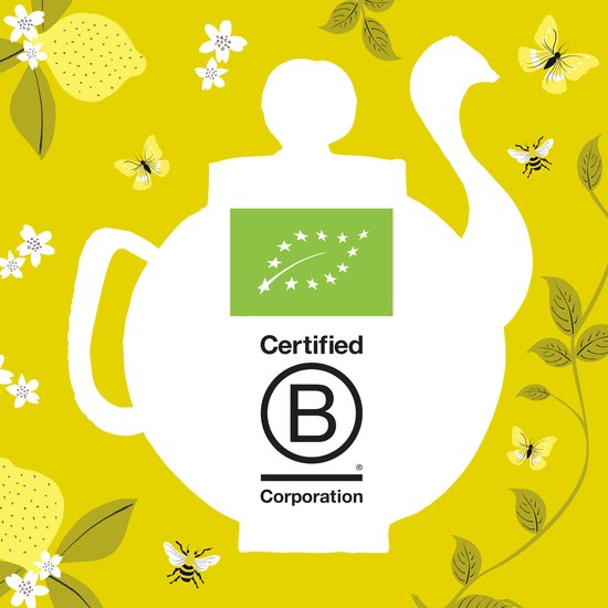 Illustratie van witte theepot met EU biologisch logo en B Corp certificering, met citroenen, bloemen, bijen en vlinders.