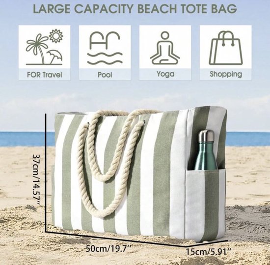 Twenty Two XL strandtas met ritssluiting | binnenvakken en zijvakken| dubbeltouw handvat | legergroen/wit/beige gestreept | grote strandtas | 50x15x37cm | waterdicht | lichtgewicht | geschikt als strandtas, yogatas, weekendtas, zwemtas, big shopper