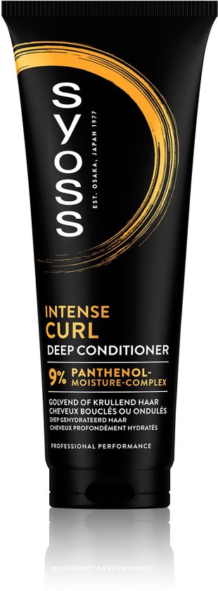 Zwarte tube met gouden krul: "Syoss Intense Curl Deep Conditioner 9% Panthenol-Moisture-Complex".