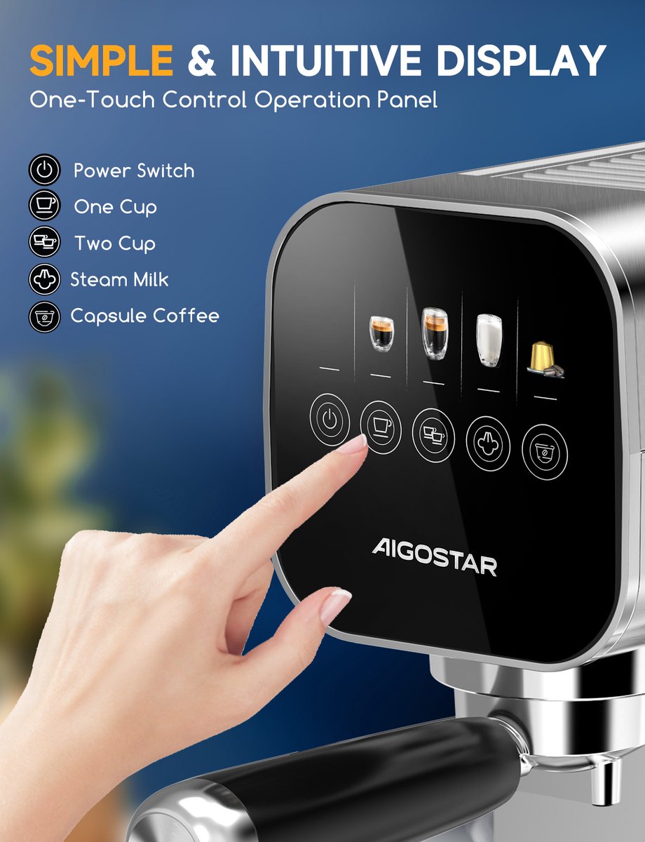 Afbeelding 3 van Aigostar Espressomachine 20 Bar - Koffiemachine met Automatische Melkopschuimer - Pistonmachine Cappuccino & Latte - Italiaanse pomp -2 kopjes - Zilver