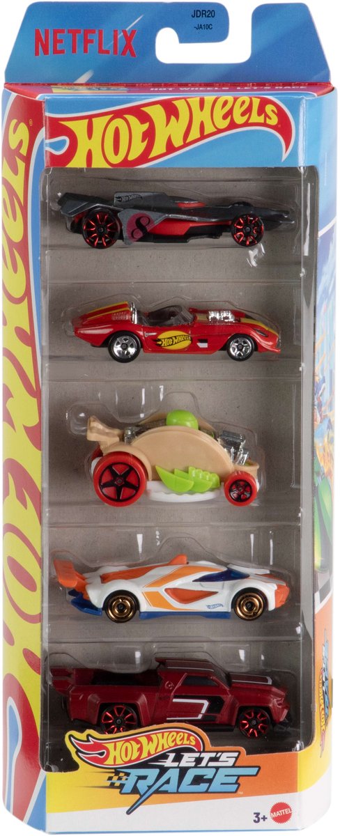 Hot Wheels Let's Race, Set van 5 Metalen Speelgoedraceauto's uit de Netflixserie, Schaal 1:64
