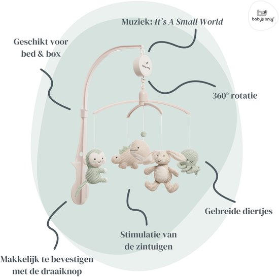 Baby's Only Muziekmobiel baby Animals - Boxmobiel - Laurel Green/Warm Linen - Gebreide figuurtjes - Muziek speelgoed - Melodie 'It's a small world' van Baby's Only — afbeelding 5
