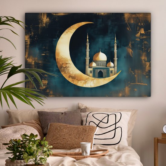 Peinture sur toile 120x80 cm - Décoration murale Mosquée - Croissant de lune - Or - Ramadan - Islamique - Décoration murale salon - Décoration chambre - Accessoires chambre - Peintures sur toile