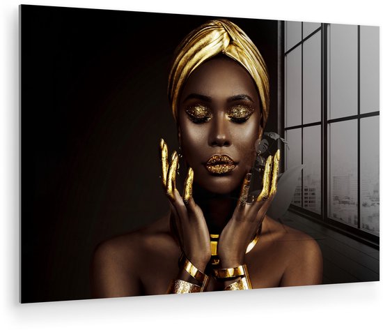 MuchoWow® Glasschilderij 120x80 cm - Schilderij acrylglas - Vrouw - Abstract - Goud - Portret - Foto op glas - Muurdecoratie woonkamer - Wanddecoratie slaapkamer - Schilderijen