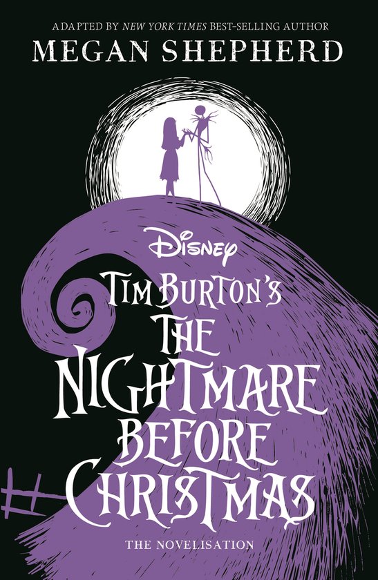 Boek 'Tim Burton's The Nightmare Before Christmas' met Jack Skellington en Sally op een paarse heuvel onder een grote maan.