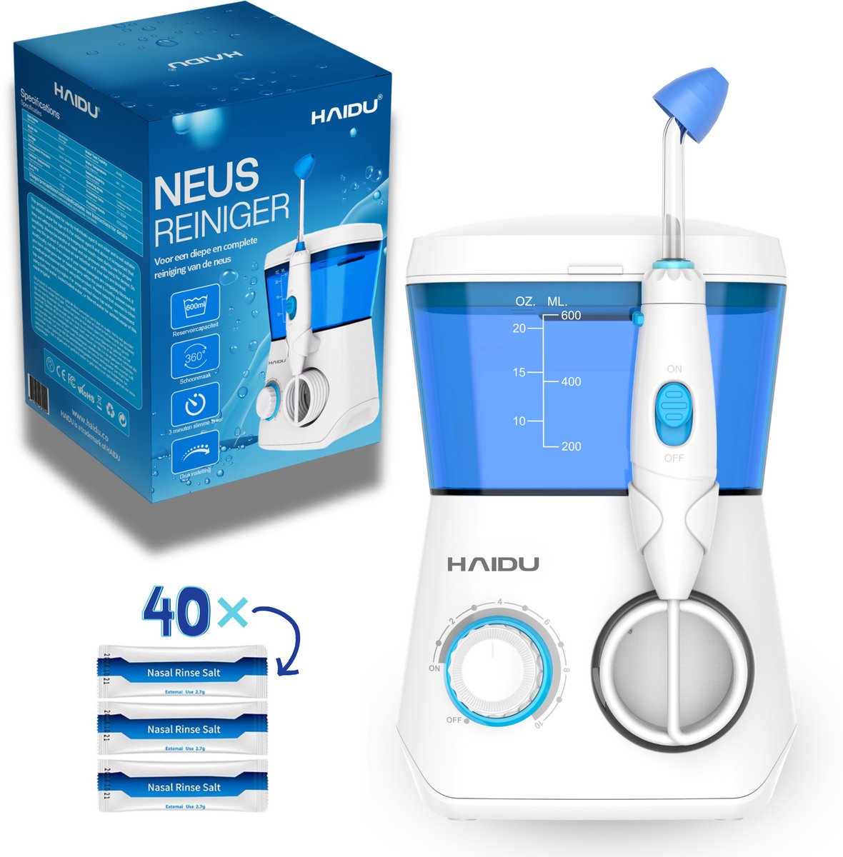 HAIDU Neusdouche Pro + 40 zakjes Nasaal Spoelzout – 10 Standen – 600ml Waterreservoir – 4 Opzetstukken – Neusspoeler effectief tegen Neusverkoudheid, Bijholteontsteking, Hooikoorts, Sinusitis