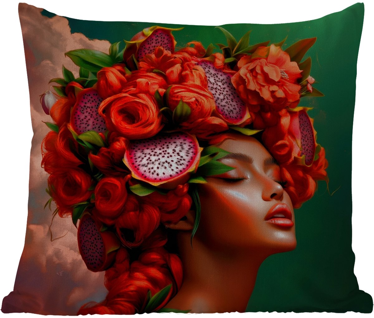 Buitenkussen - Vrouw - Drankenfruit - Rozen - 45x45 cm - Weerbestendig