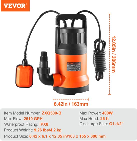 Pompe Submersible HOCANFLO 400W - 8000L/H - Automatique - Pour Piscine, Sous-sol, Jardin