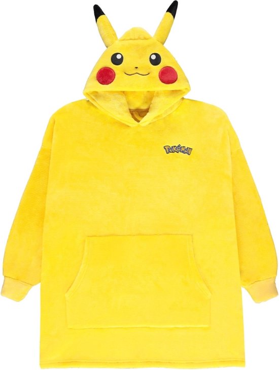 Gele Pikachu hoodie met capuchon met oren, wangen en Pokémon logo.