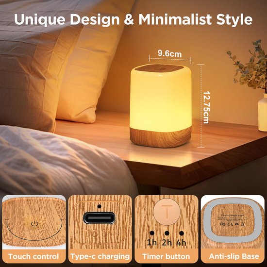 RHYTHMFLAME USB Oplaadbaar Nachtlampje - Warm Licht & RGB Kleuren - Timer - Nachtlampje voor de Slaapkamer - Sfeerlamp - LED verlichting - Leeslamp - Tafellamp - Bedlamp voor Baby, Kinderen & Volwassenen - Dimbaar - Touch Control - Houtnerf