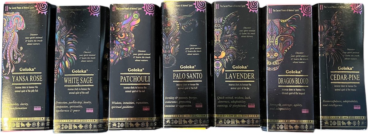 Goloka - Wierook - Animal Spirit - Affirmatie - wierookstokjes - Geurstokjes - set van 7 doosjes - Ceder - Patchouli - Palo Santo - White Sage - Roos