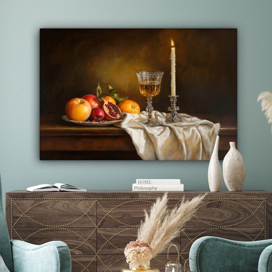 Peinture sur toile 140x90 cm - Décoration murale Fruits - Nature morte - Vin - Bougie - Décoration murale murale salon - Décoration chambre - Accessoires de chambre - Peintures sur toile