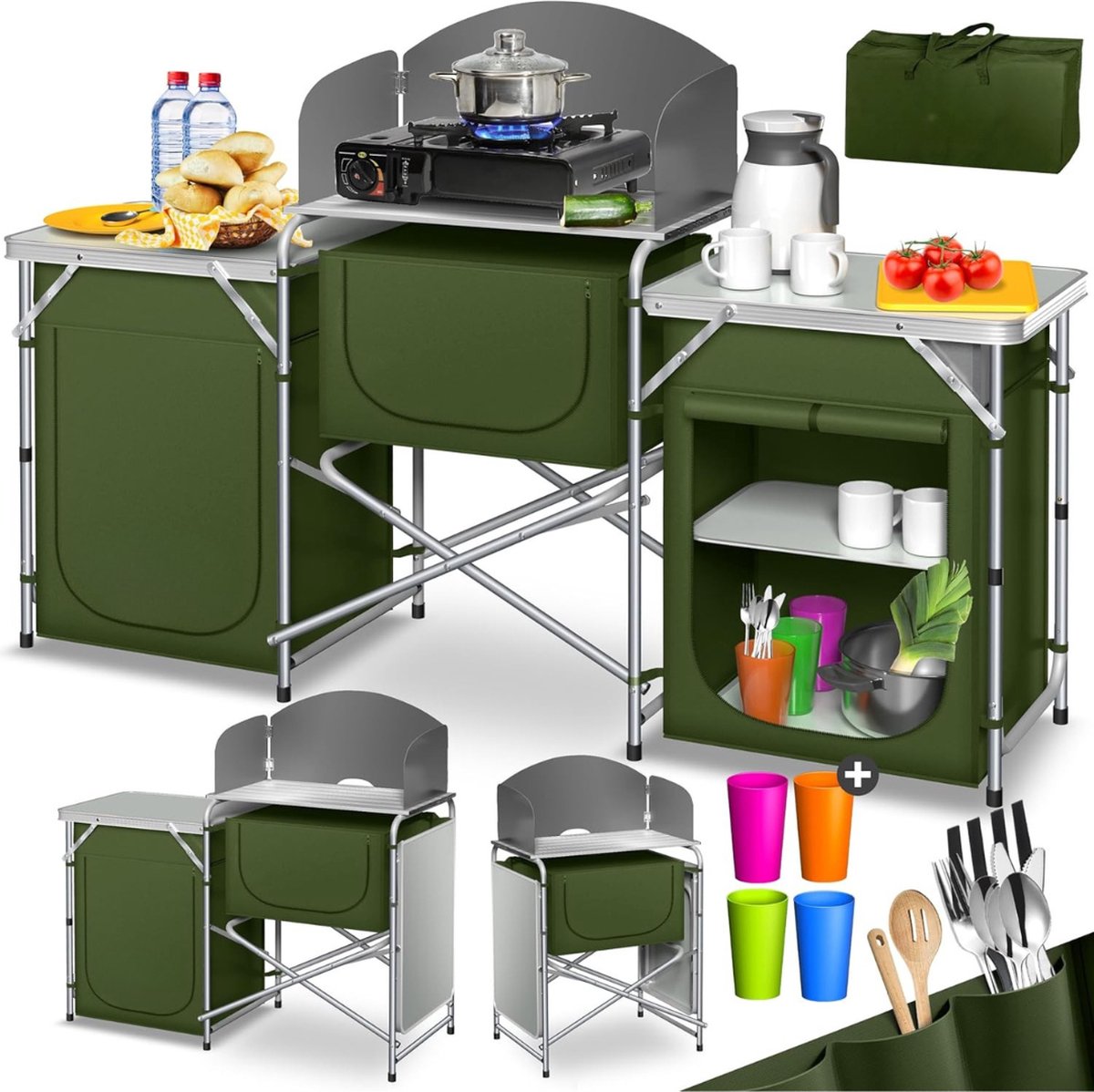 KESSER Campingkeuken Inklapbaar – Kampeerkeuken – Camping Keuken Slijtvastheid – Kampeer Keuken – Lichtgewicht - Campingkast Opvouwbaar – Windbescherming – 3 Werkplekken - Grijs