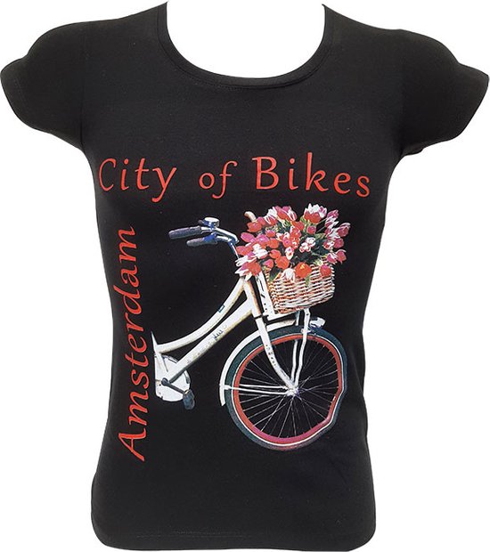 T-shirt noir pour femme avec l'inscription 'Amsterdam City of Bikes' et un vélo avec un panier fleuri.