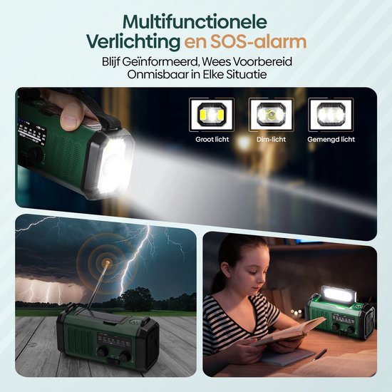 Multifunctionele groene noodradio met verlichting en SOS-alarm, getoond in diverse situaties.