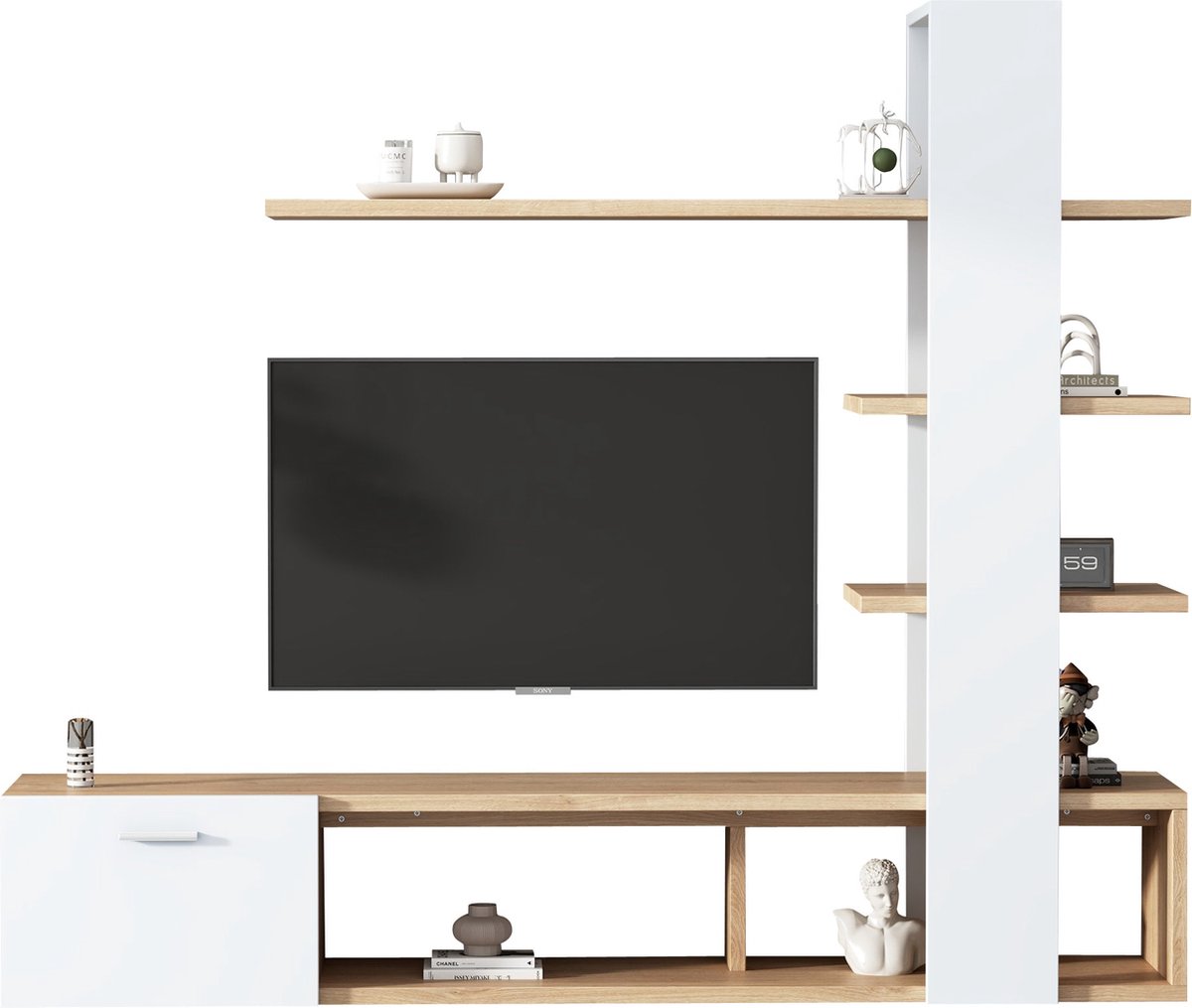 Merax TV-Meubel Wandmeubel tot 60 inch – TV Kast met Opbergruimte en Wandplanken – Modern Eiken Bruin met Wit – 180 cm Breed