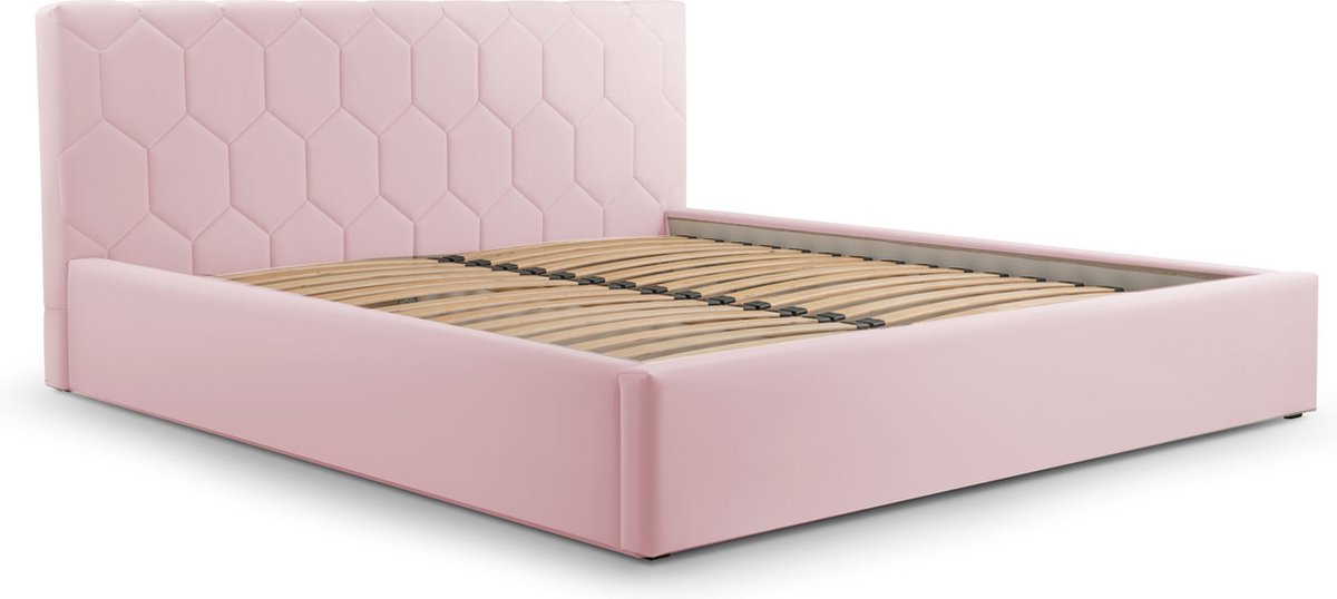 Tweepersoonsbed met fluwelen bekleding, met hoofdeinde, lattenbodem, bed voor volwassenen - BED 02 - 140x200 - Lichtroze (TRINITY 19)