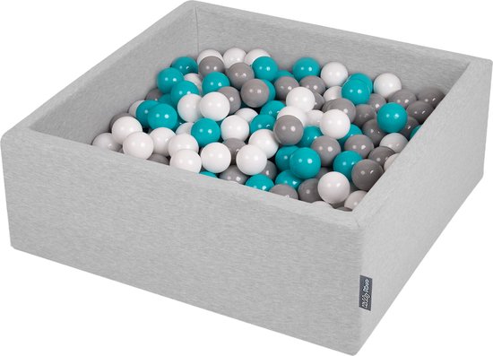 KiddyMoon piscine à balles 90x30cm/200 balles ∅ 7cm piscine à balles avec balles colorées pour bébés enfants carrée, gris clair: gris/blanc/turquoise