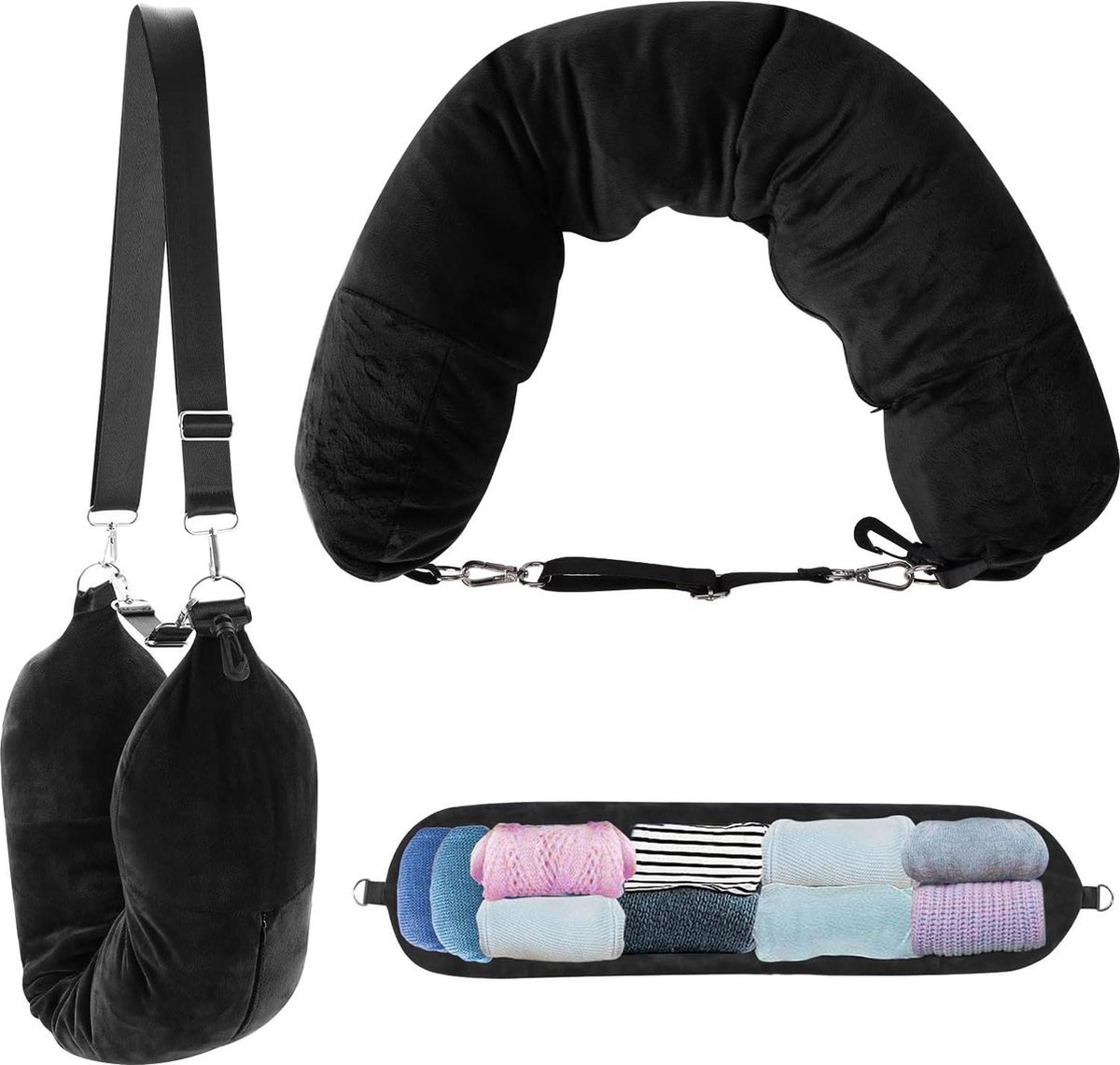 ByMetz® Opvulbaar Nekkussen voor in het vliegtuig - Nekkussen als opbergtas voor onderweg - Reiskussen om te vullen met spullen en kleding - Lichtgewicht & Ademend - Kan ook als Reistasje gebruikt worden - Zwart