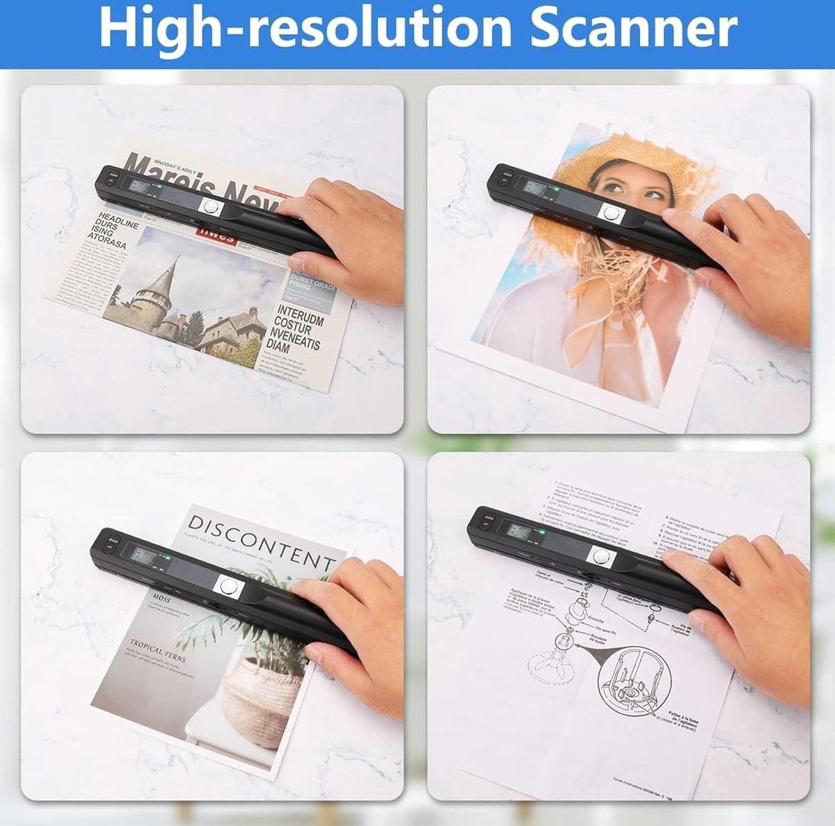 Tragbarer Scanner, Fotoscanner für A4-Dokumente, JPG-PDF-Format, Bis zu 900 DPI, Handscanner für Zuhause, Büro, Geschäft, Fotos, Bilder, Quittungen, Bücher