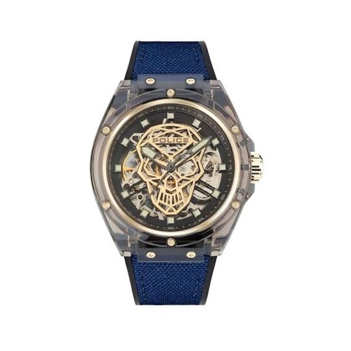 Police Blauw Siliconen Horloge Met Transparante Kast 44MM