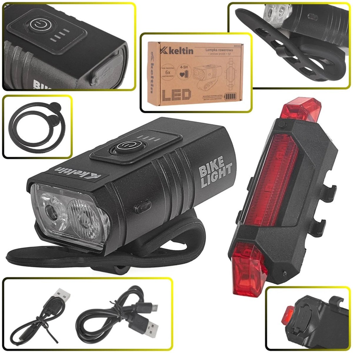 Keltin Waterdichte fietsverlichtingsset - 800lm voorlicht & 120lm achterlicht - USB oplaadbaar - IPX4 bescherming