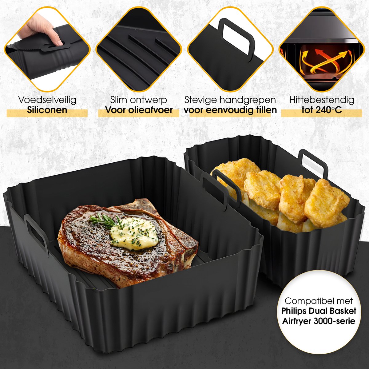 Bewern 2 Stuks Siliconen Bakvormen - 6L en 3L - Geschikt voor Philips Airfryer Dual Basket 3000 Series - Accessoires voor Dubbele Airfryer - Siliconen Bakje — afbeelding 3