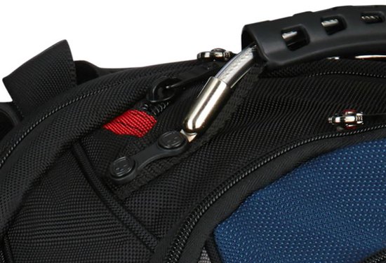 Detail van de versterkte handgreep en ritsen van een zwarte rugzak met blauwe accenten.