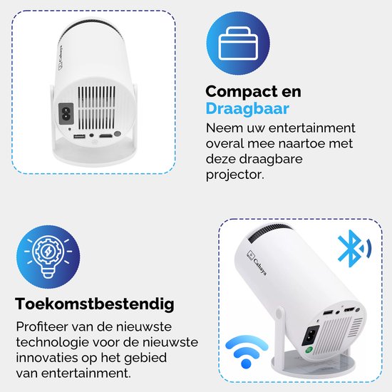 Cahaya 2026 vernieuwd model + Gratis HDMI kabel- Pro versie - Mini Beamer - mini projector - draagbare beamer - projector / beamer - Geïntegreerd Android 12.0 systeem - Screen mirroring smartphone - Home cinema