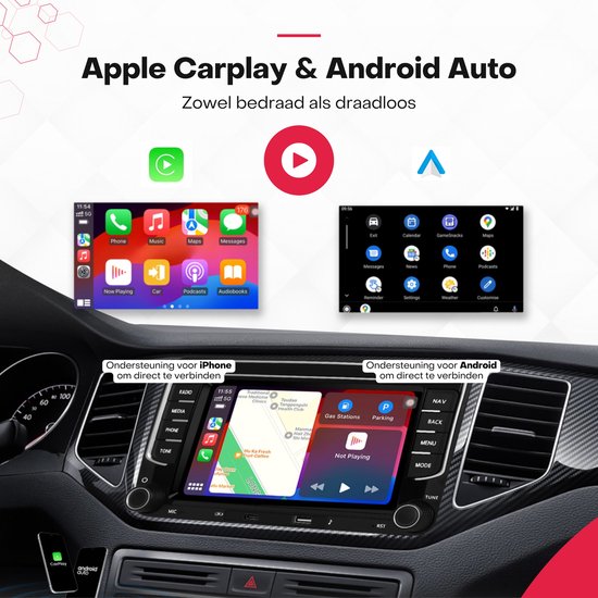 Boscer autoradio met Apple Carplay & Android Auto ondersteuning voor iPhone en Android, bedraad en draadloos.