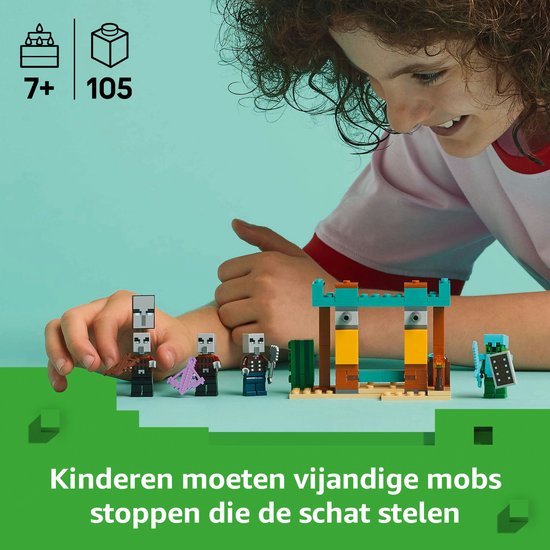 Kind met LEGO Minecraft-set: 3 Illagers, 1 groene mob en woestijnstructuur, 'Kinderen moeten vijandige mobs stoppen die de schat stelen'.