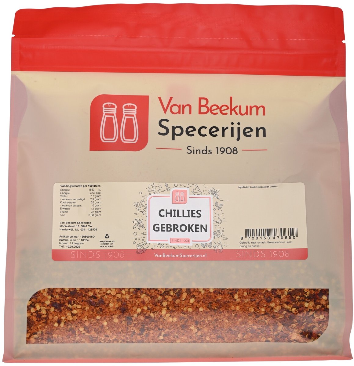 Goedkoopste Van Beekum Specerijen - Chillies Gebroken - 1 kilo (hersluitbare zak