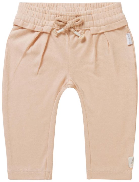 Beige babybroek met elastische tailleband, trekkoord en strik.