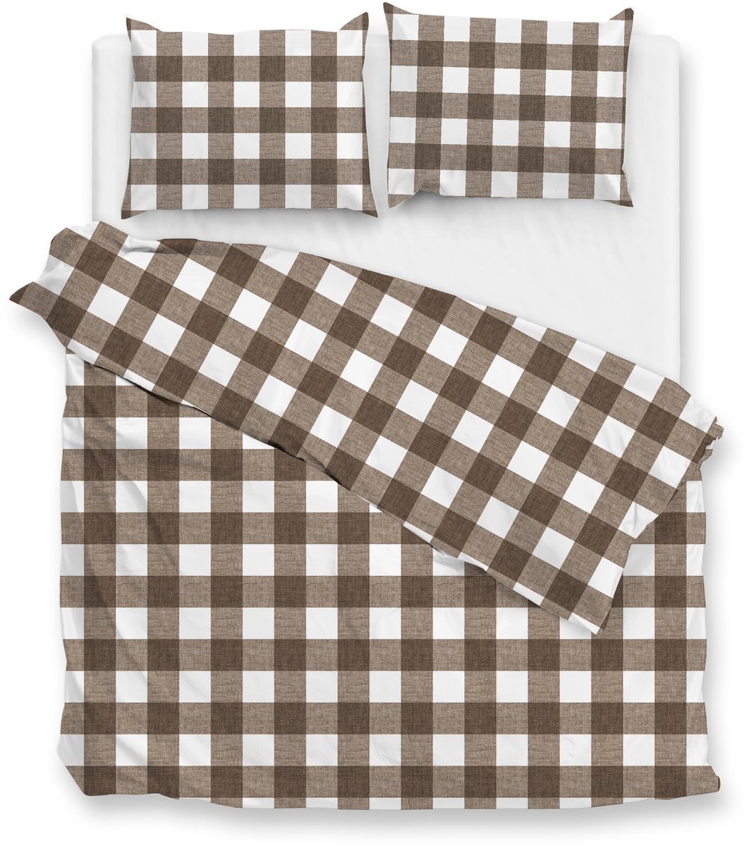 Zohome Dekbedovertrek Quattro-di-Lino - Bedlinnen met Ruiten - 260x220 - Taupe - Dekbedhoes van 100% Katoen