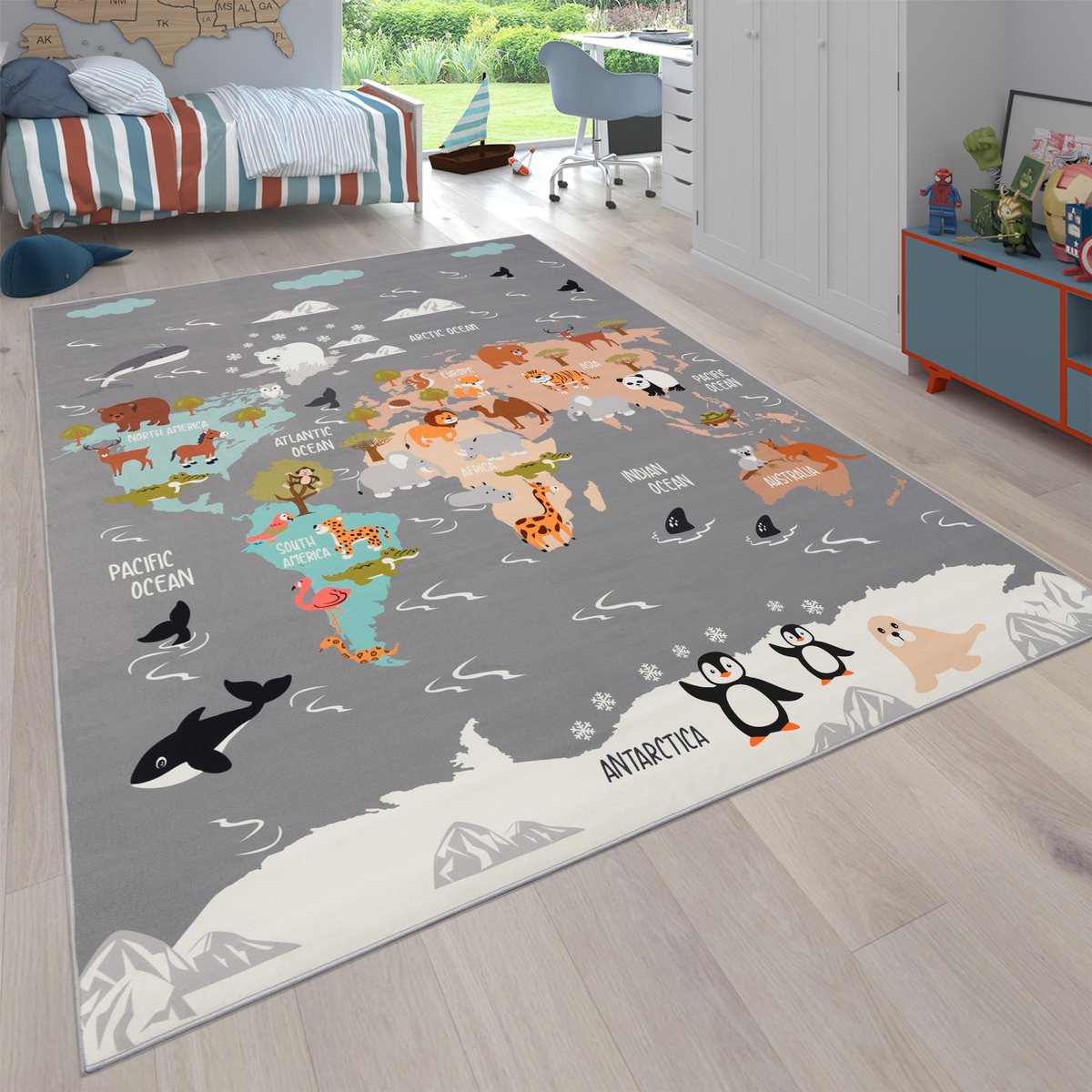 Flycarpets Binola Kindervloerkleed Grijs / Kleurrijk - 100x200 cm - Wereldkaart / Dieren Speelkleed / Speelmat - Laagpolig Vloerkleed Kinderkamer