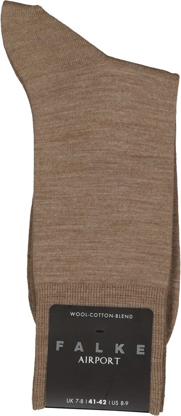 Chaussette Falke Airport marron seule, en mélange laine-coton, avec une texture chinée et une étiquette indiquant la taille.