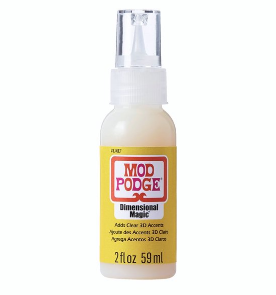 Flesje Mod Podge Dimensional Magic, 2 fl oz 59 ml, met geel en rood label.