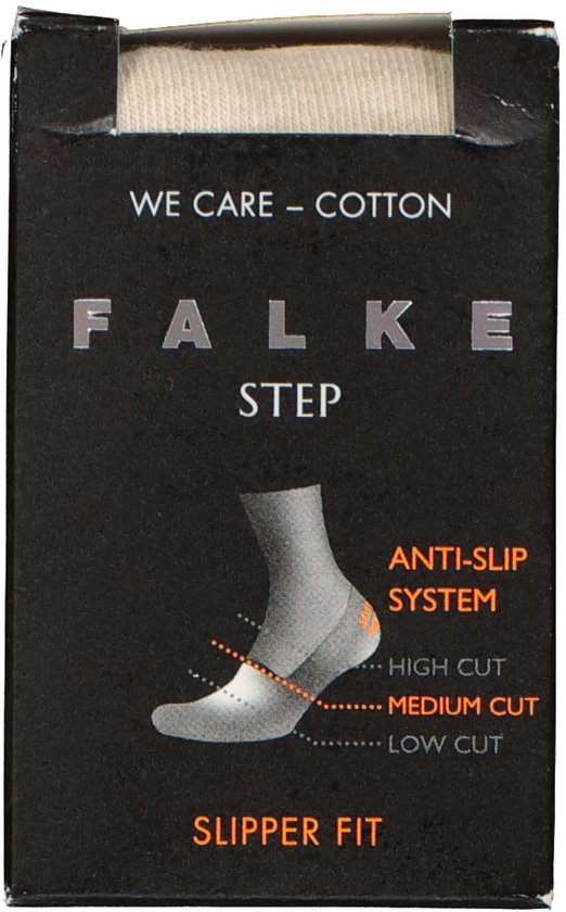 Boîte FALKE STEP Slipper Fit avec image de socquette et mention système anti-dérapant.