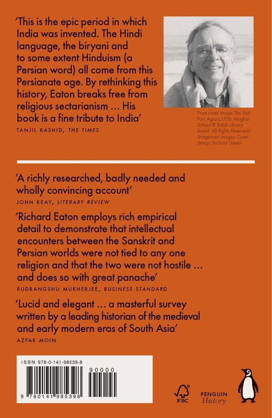 Achterkant van een boek met een portret van de auteur Richard M. Eaton en citaten over het boek.