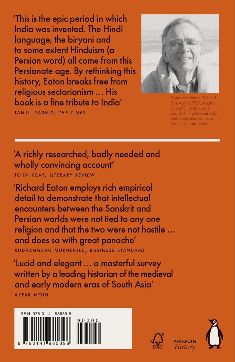Achterkant van een boek met een portret van de auteur Richard M. Eaton en citaten over het boek.