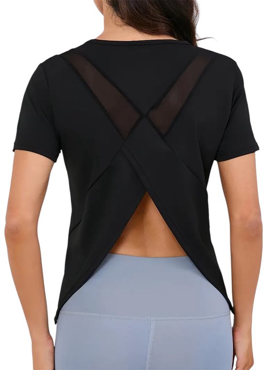 T-shirt de Sport pour femme - Séchage rapide et respirant - Col rond - Manches courtes - Dos ouvert - Élégant - Haut de sport d'été - Zwart - Taille S