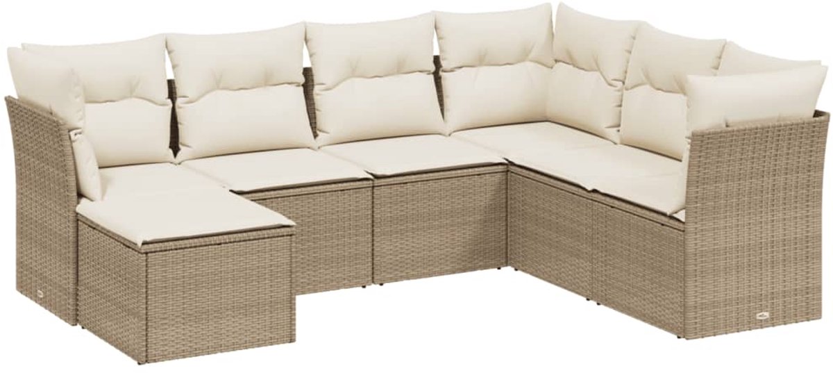 The Living Store 7-delige Loungeset met kussens poly rattan beige - Loungebank - Tuinset - Lounge Set - Buitendiner - Outdoor Furniture